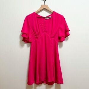 Vintage hot pink fuchsia barbiecore coquette v neck dress ruffle‎ sleeve small